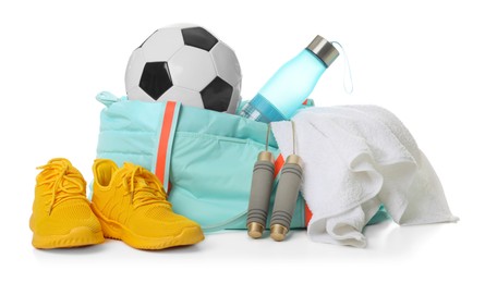 Photo of Stylish gym bag with sports equipment, towel, bottle and sneakers isolated on white