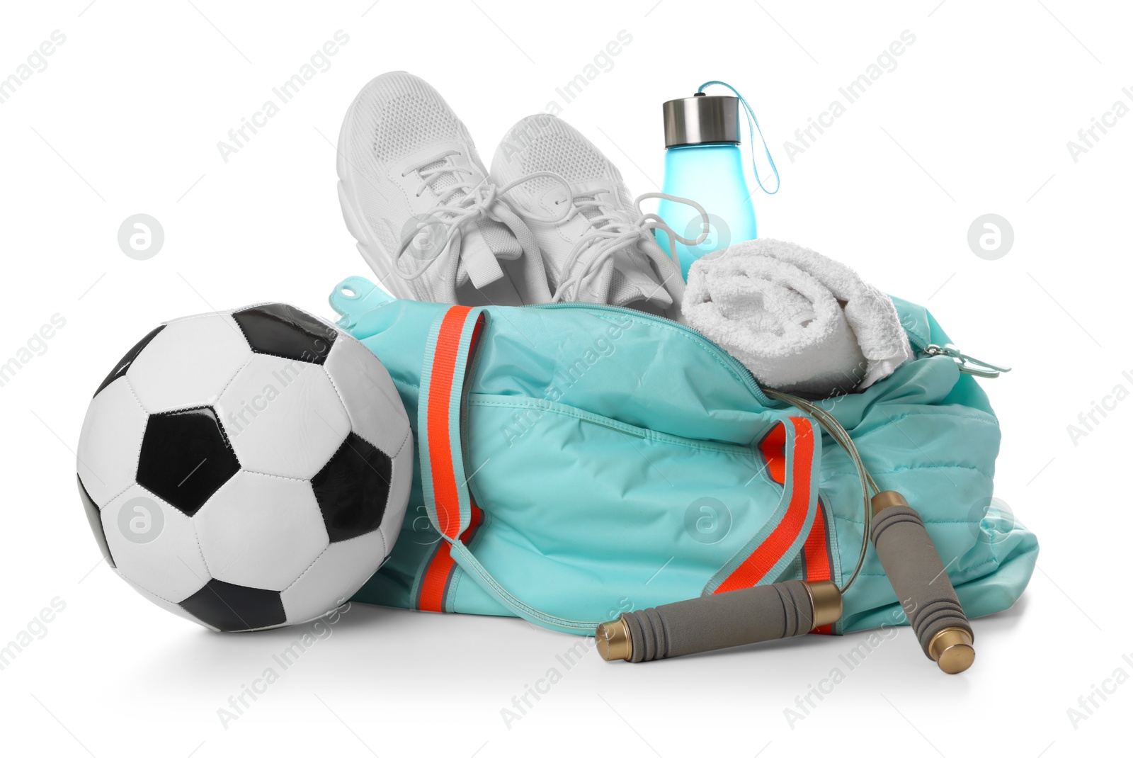 Photo of Stylish gym bag with sports equipment, towel, bottle and sneakers isolated on white