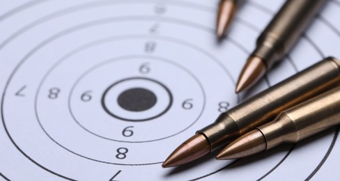 Photo of Many metal bullets on shooting target, closeup