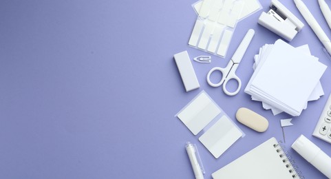 Photo of Different white stationery on violet background, flat lay. Space for text