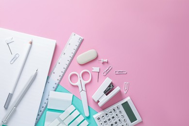 Photo of Different white stationery on color background, flat lay. Space for text