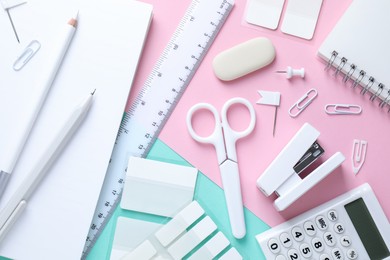 Photo of Different white stationery on color background, flat lay