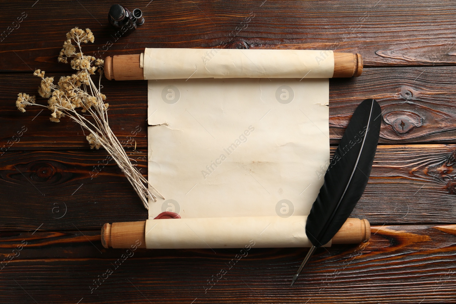 Old rolled scroll, feather, dry flowers and inkwell on wooden table, flat lay Photo of Old rolled scroll, feather, dry flowers and inkwell on wooden table, flat lay