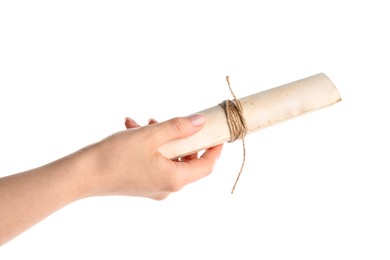 Photo of Woman holding old rolled scroll on white background, closeup