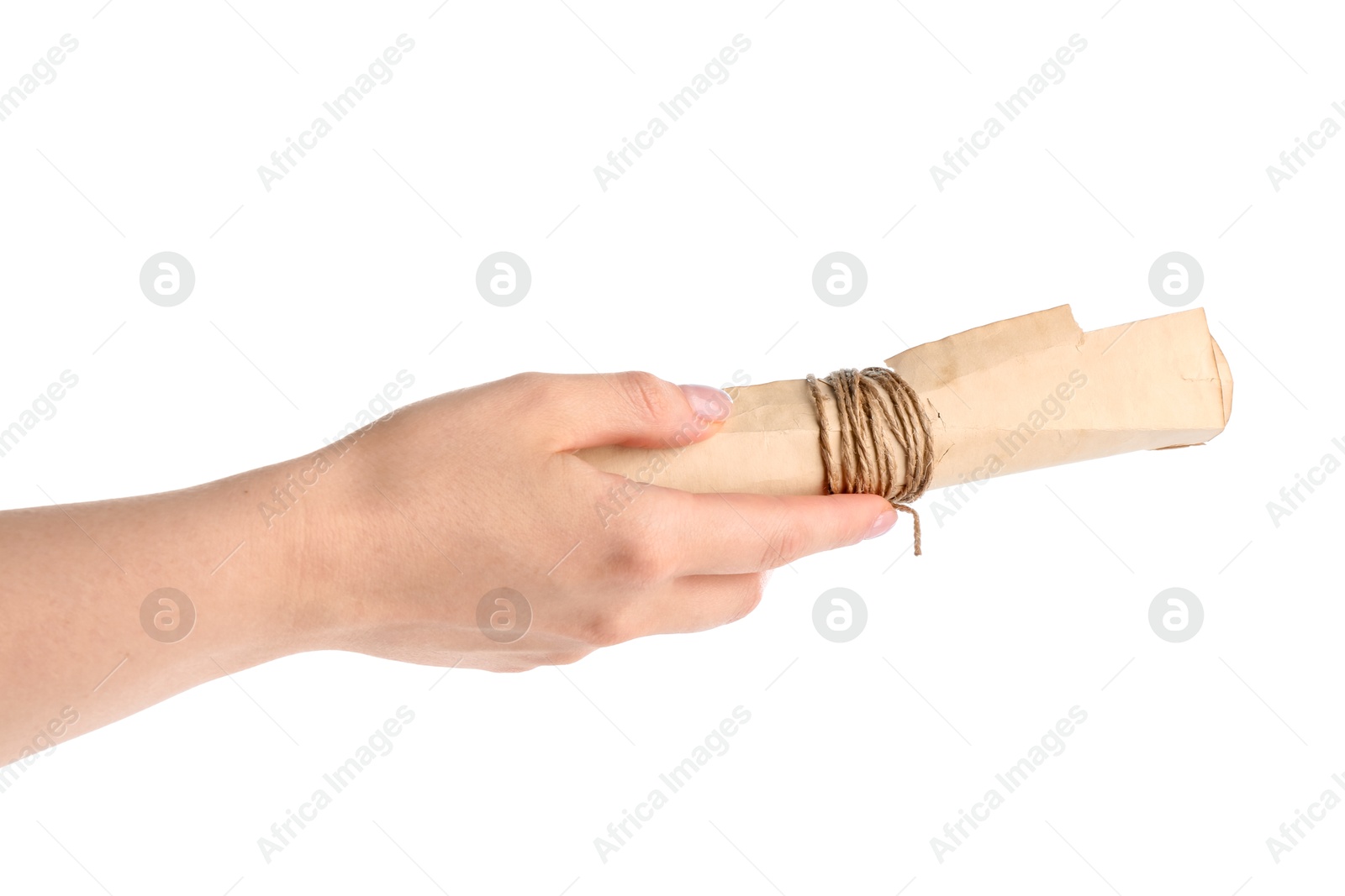 Photo of Woman holding old rolled scroll on white background, closeup