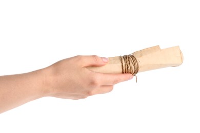 Photo of Woman holding old rolled scroll on white background, closeup