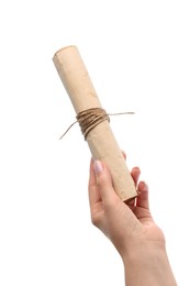 Photo of Woman holding old rolled scroll on white background, closeup