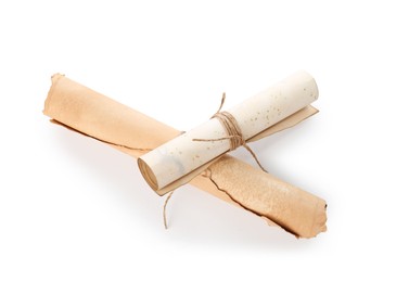Photo of Old rolled paper scrolls isolated on white