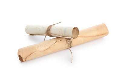 Photo of Old rolled paper scrolls isolated on white