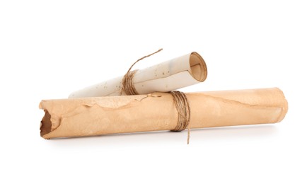 Photo of Old rolled paper scrolls isolated on white