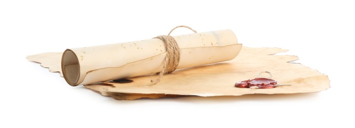 Photo of Sheets and scroll of old paper isolated on white