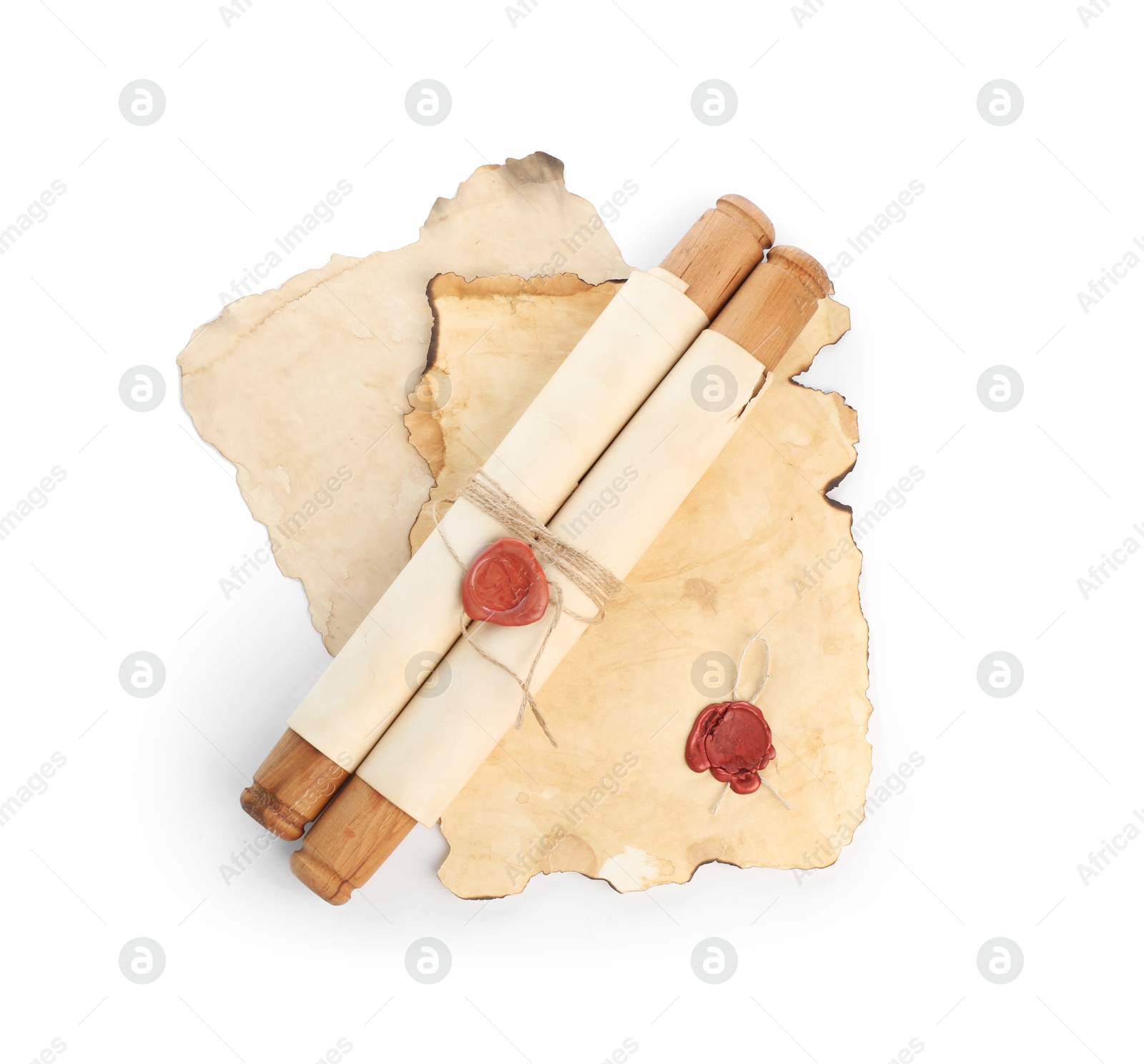 Photo of Sheets and scroll of old paper isolated on white, top view