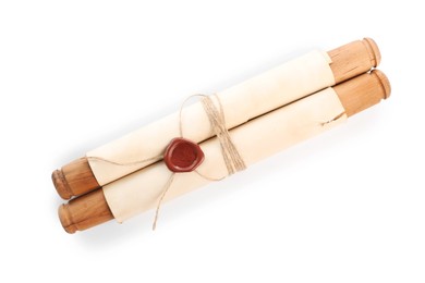Photo of Old rolled paper scroll isolated on white