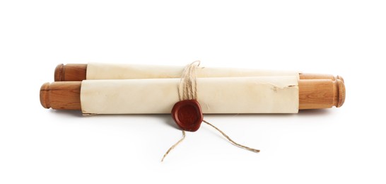 Photo of Old rolled paper scroll isolated on white