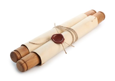 Photo of Old rolled paper scroll isolated on white
