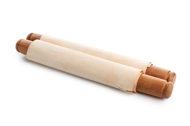 Photo of Old rolled paper scroll isolated on white