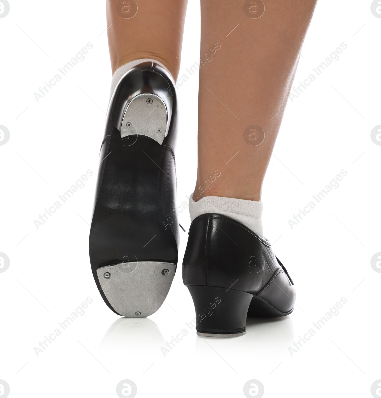 Teenage girl in tap shoes on white background, closeup Photo of Teenage girl in tap shoes on white background, closeup