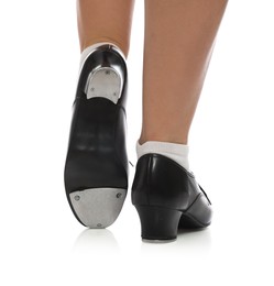 Photo of Teenage girl in tap shoes on white background, closeup