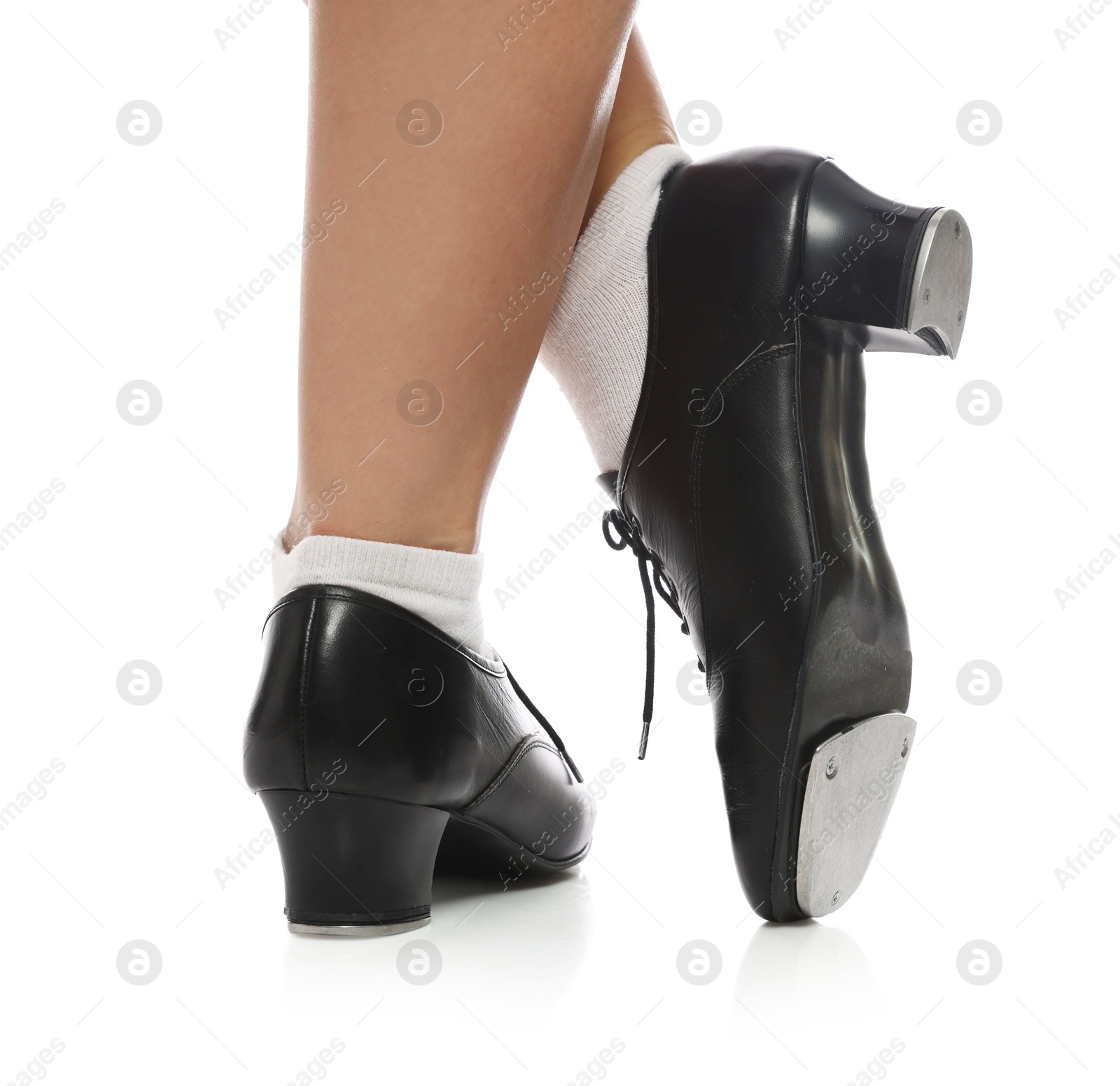 Teenage girl in tap shoes on white background, closeup Photo of Teenage girl in tap shoes on white background, closeup