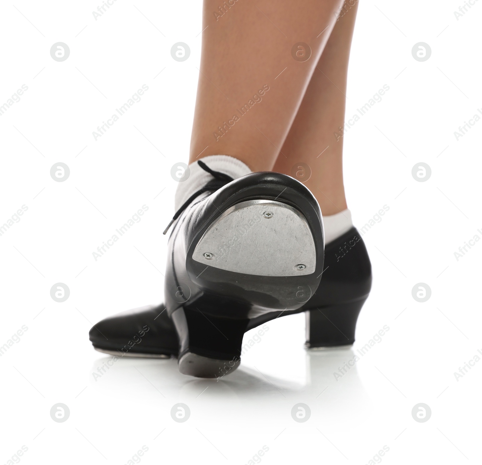 Teenage girl in tap shoes on white background, closeup Photo of Teenage girl in tap shoes on white background, closeup