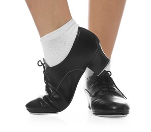 Photo of Teenage girl in tap shoes on white background, closeup