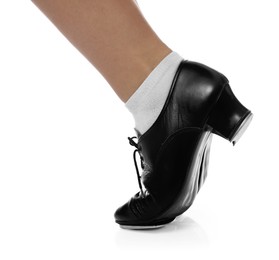Photo of Teenage girl in tap shoes on white background, closeup