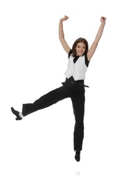 Photo of Teenage girl in tap shoes dancing on white background