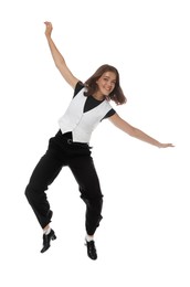 Photo of Teenage girl in tap shoes dancing on white background