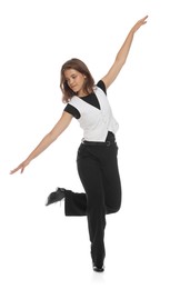 Photo of Teenage girl in tap shoes dancing on white background