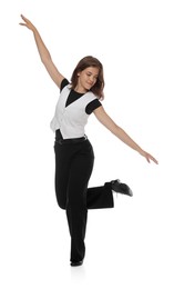 Photo of Teenage girl in tap shoes dancing on white background