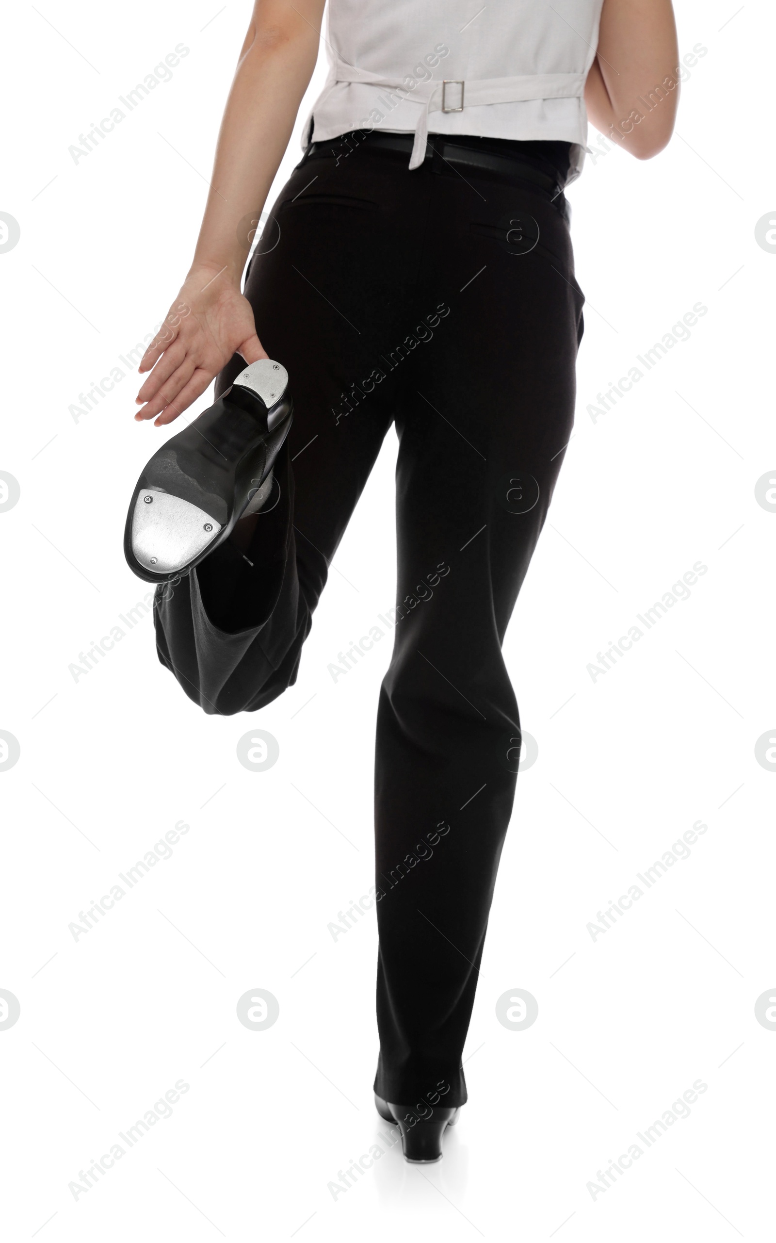 Teenage girl in tap shoes on white background, closeup Photo of Teenage girl in tap shoes on white background, closeup
