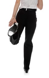 Photo of Teenage girl in tap shoes on white background, closeup