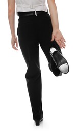 Photo of Teenage girl in tap shoes on white background, closeup