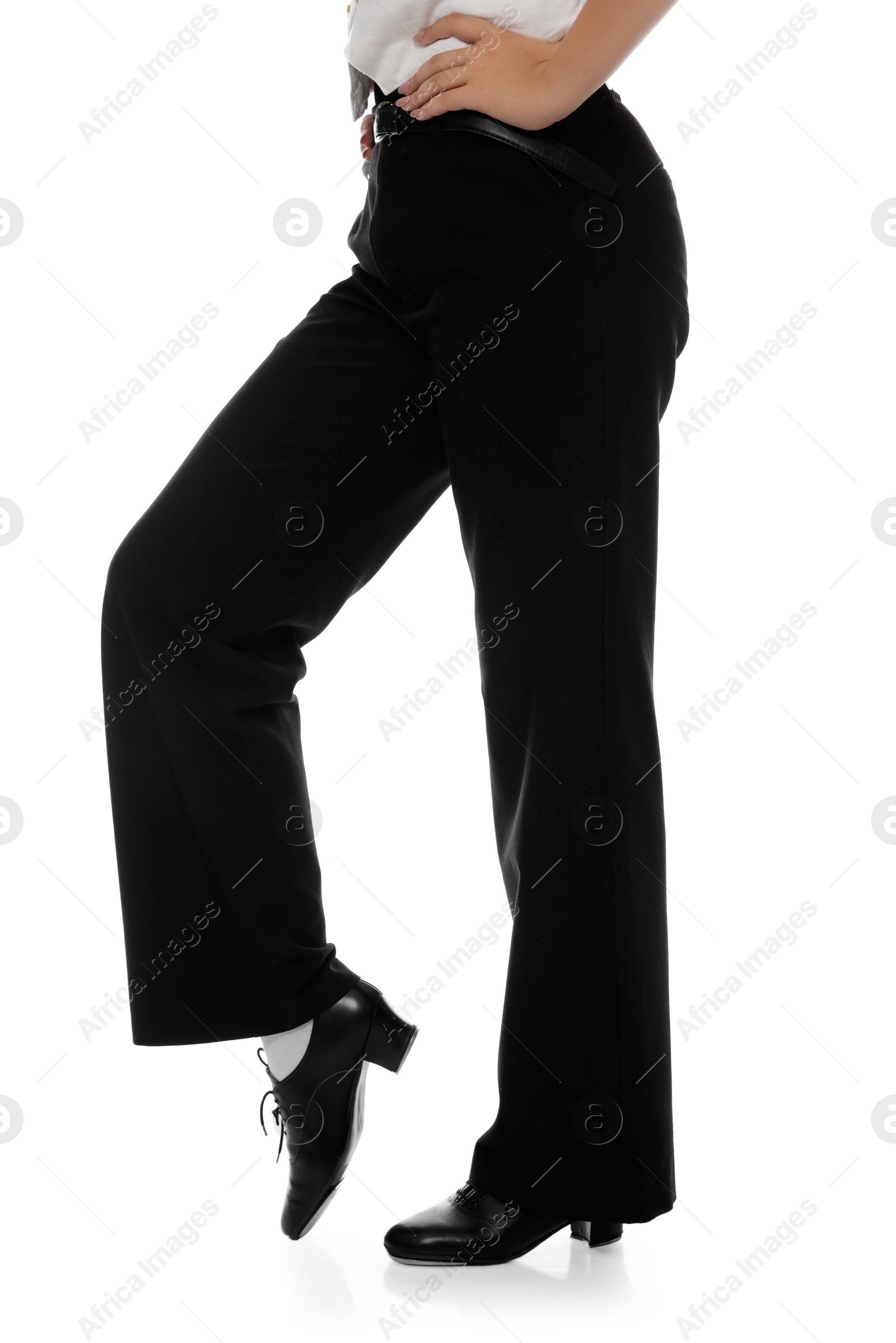 Teenage girl in tap shoes on white background, closeup Photo of Teenage girl in tap shoes on white background, closeup