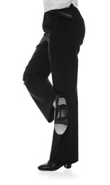 Photo of Teenage girl in tap shoes on white background, closeup
