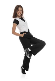 Photo of Teenage girl in tap shoes on white background