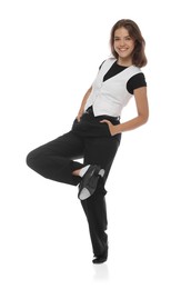 Photo of Teenage girl in tap shoes on white background