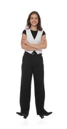 Photo of Teenage girl in tap shoes on white background