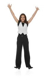 Photo of Teenage girl in tap shoes dancing on white background