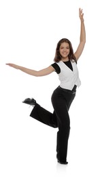 Photo of Teenage girl in tap shoes dancing on white background