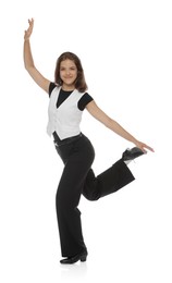 Photo of Teenage girl in tap shoes dancing on white background