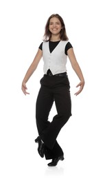 Photo of Teenage girl in tap shoes dancing on white background