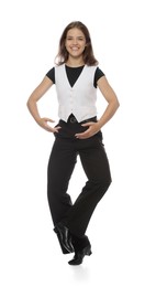 Photo of Teenage girl in tap shoes dancing on white background