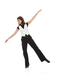 Photo of Teenage girl in tap shoes dancing on white background