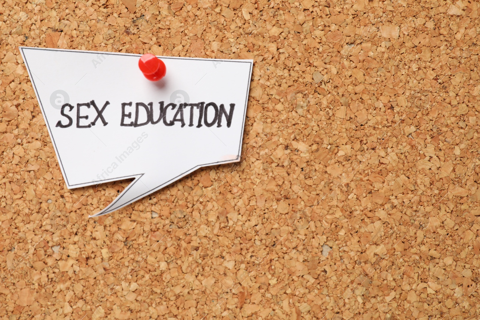 Photo of Note with phrase Sex Education pinned on cork board, closeup