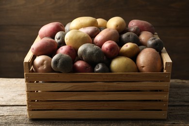 Photo of Different types of potatoes in crate on wooden table, closeup