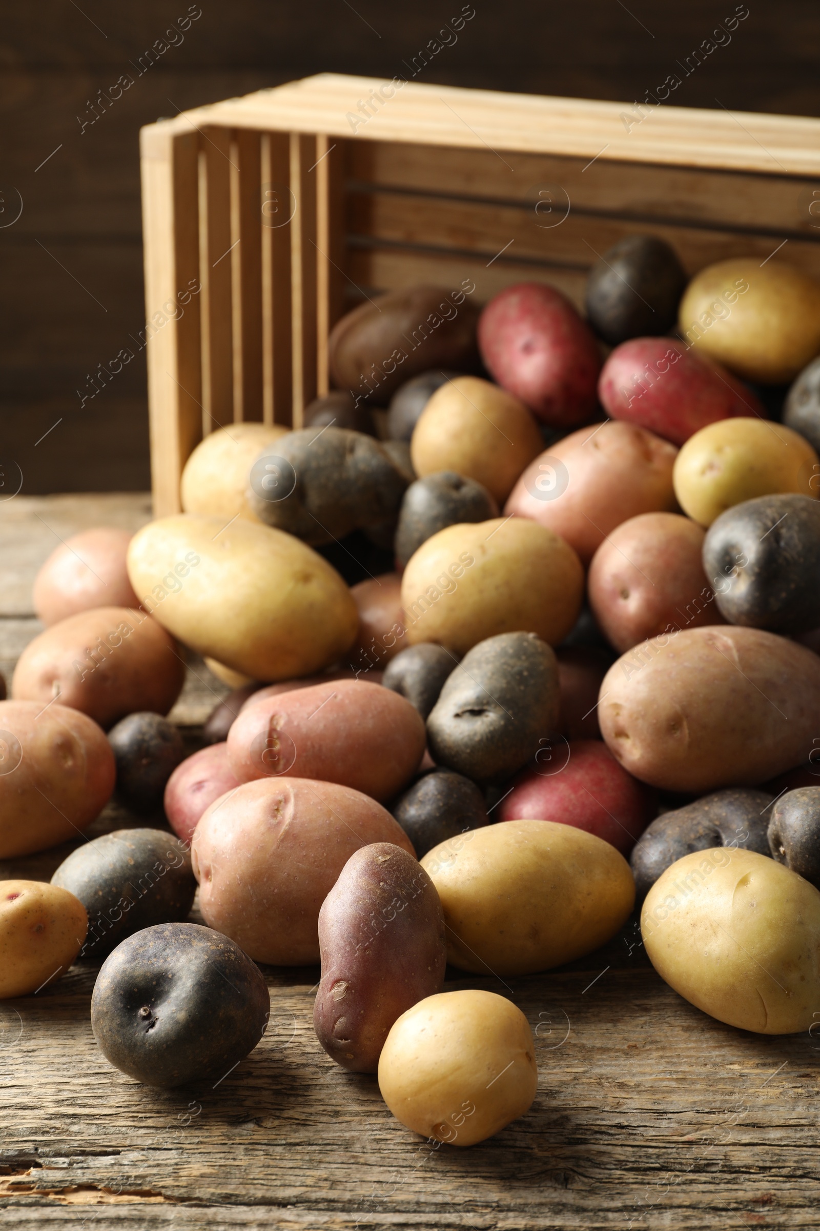 Photo of Different types of potatoes on wooden table, closeup