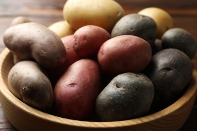 Photo of Different types of potatoes in bowl on table, closeup