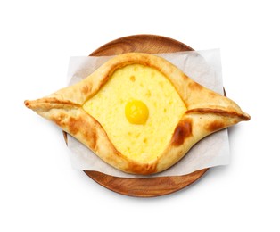 Photo of Tasty khachapuri with cheese and egg isolated on white, top view