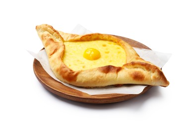 Photo of Tasty khachapuri with cheese and egg isolated on white